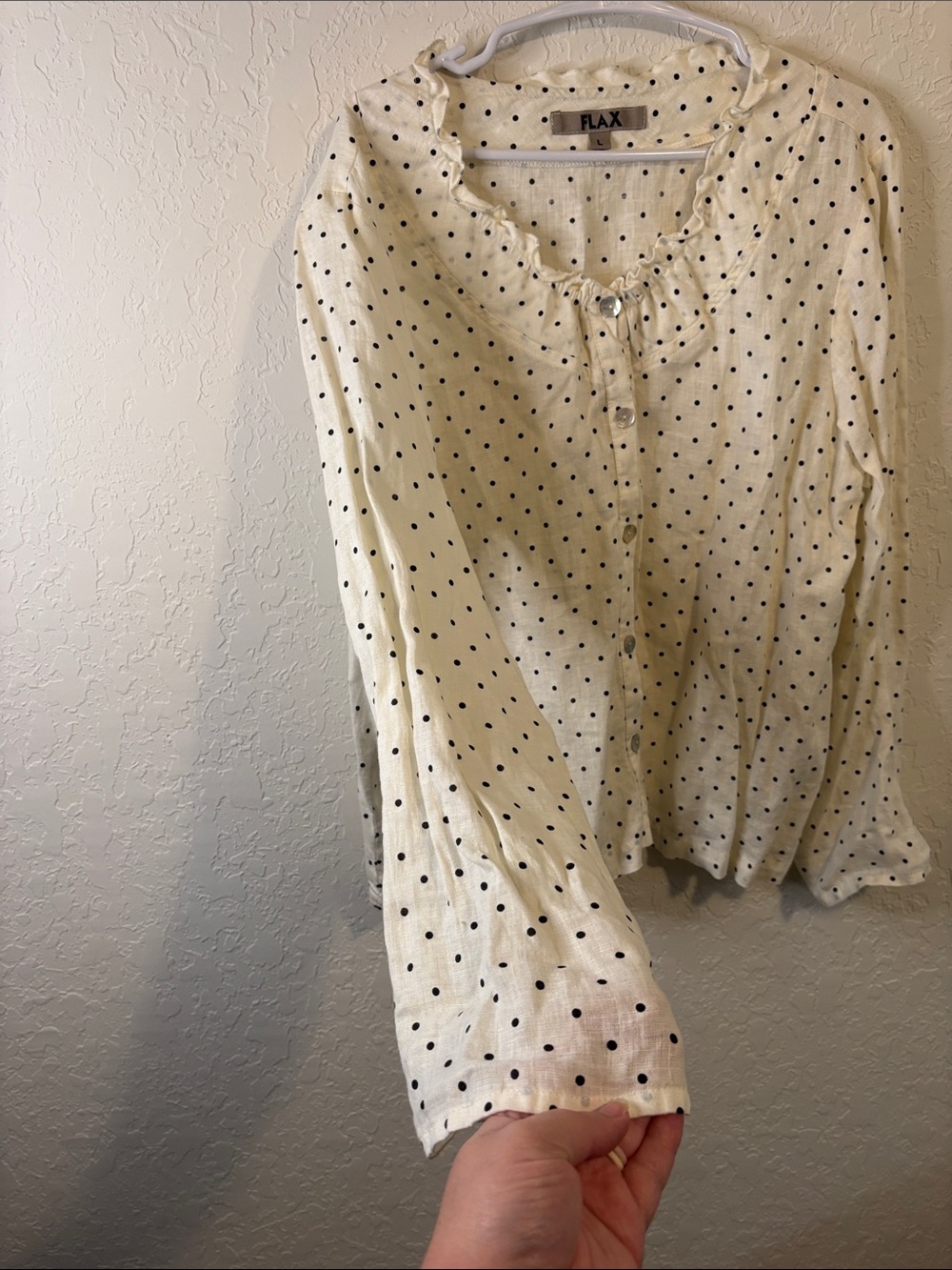 Flax Linen Cream Button-Front Polka Dot Ruffle Neck Blouse - Picture 4 of 8